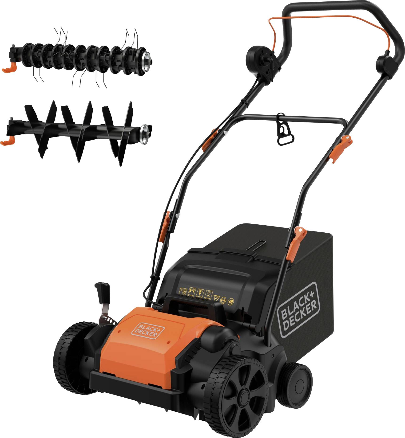 'Lawn dethatcher with black and orange design, labeled 'Black+Decker', featuring a collection bin and interchangeable tines for aerating and removing debris.'