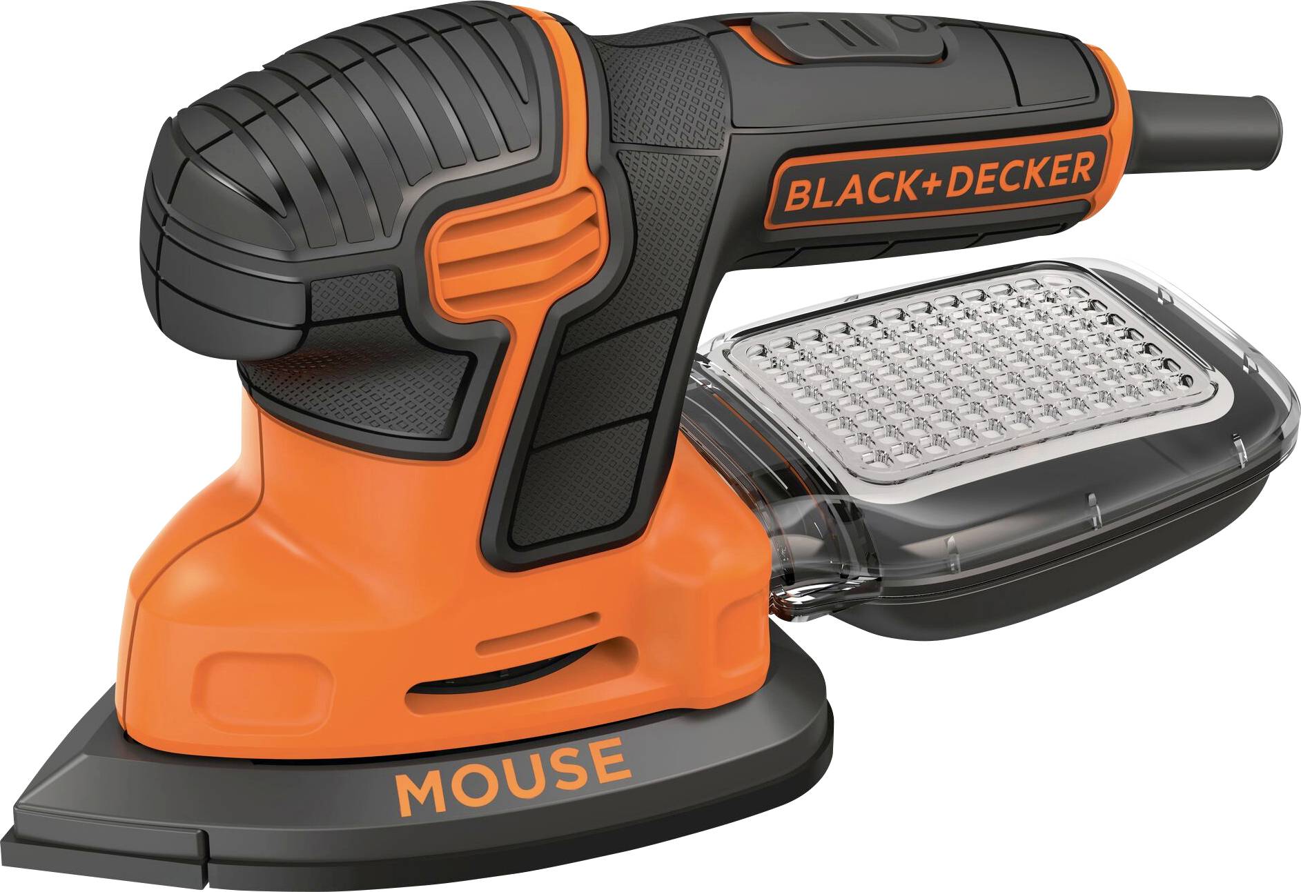 An orange and black handheld sander labeled 'MOUSE' with a dust collection attachment, branded 'BLACK+DECKER.'