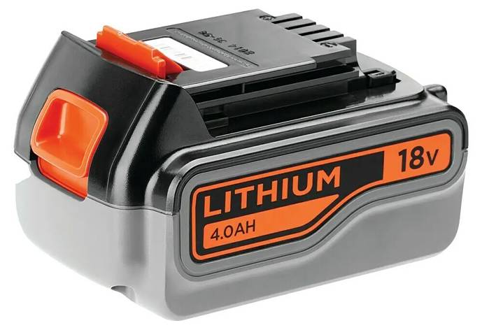 Lithium-ion battery pack labeled '18v 4.0AH' in black and orange, with an orange release clip on the side, used for power tools.