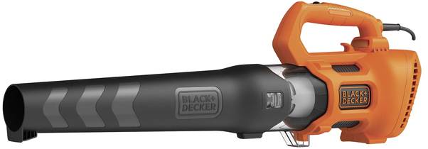Orange and black handheld leaf blower with the 'Black+Decker' logo, featuring a streamlined design and ergonomic handle.