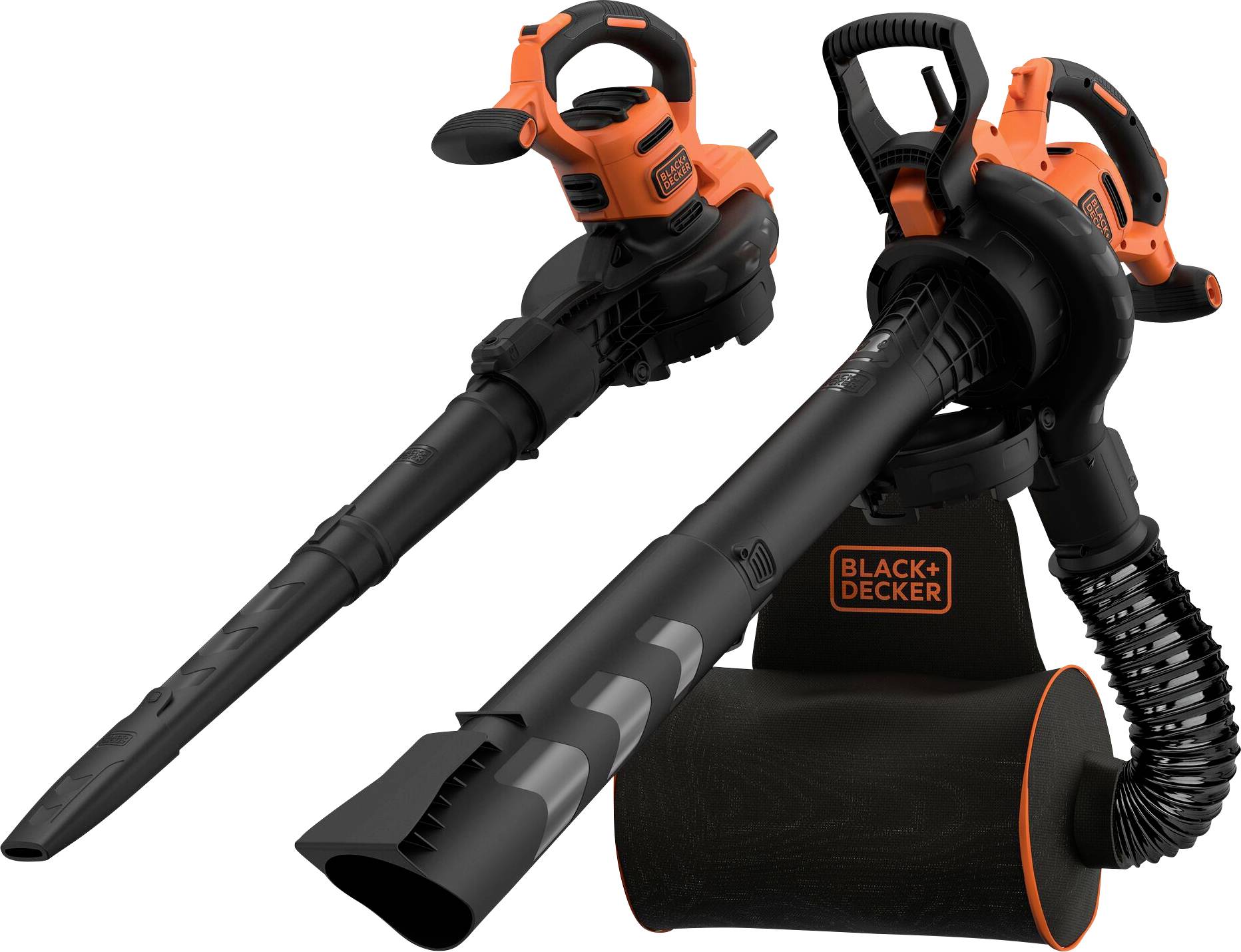 A Black+Decker leaf blower and vacuum showing its two modes: blowing with an extended nozzle, and vacuuming with a mulch bag attached.