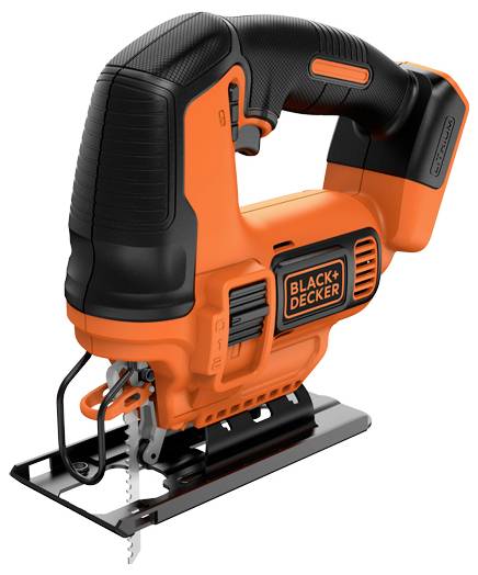 A black and orange handheld jigsaw with a curved handle, showing brand logo on the side. The blade is positioned for cutting.