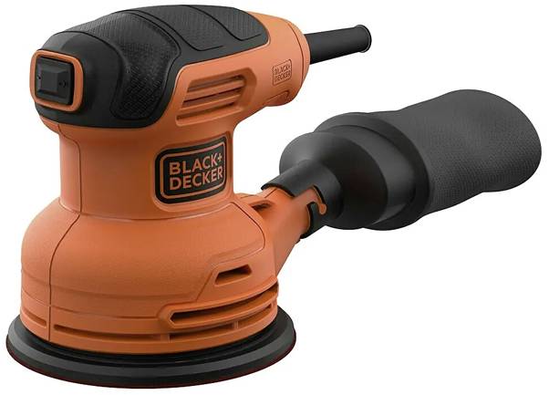 An orange and black electric sander with a dust collection bag attached. Designed for smoothing surfaces in woodworking projects.