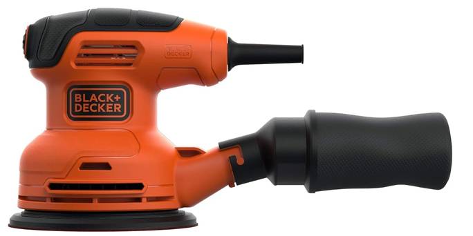 An orange Black+Decker palm sander with a dust collection bag, designed for smoothing wood surfaces.