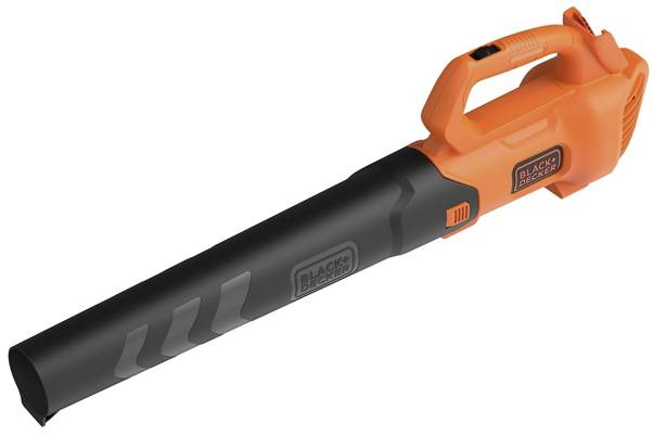 'Black+Decker' handheld electric leaf blower with an orange body and black nozzle, designed for clearing debris from outdoor areas.