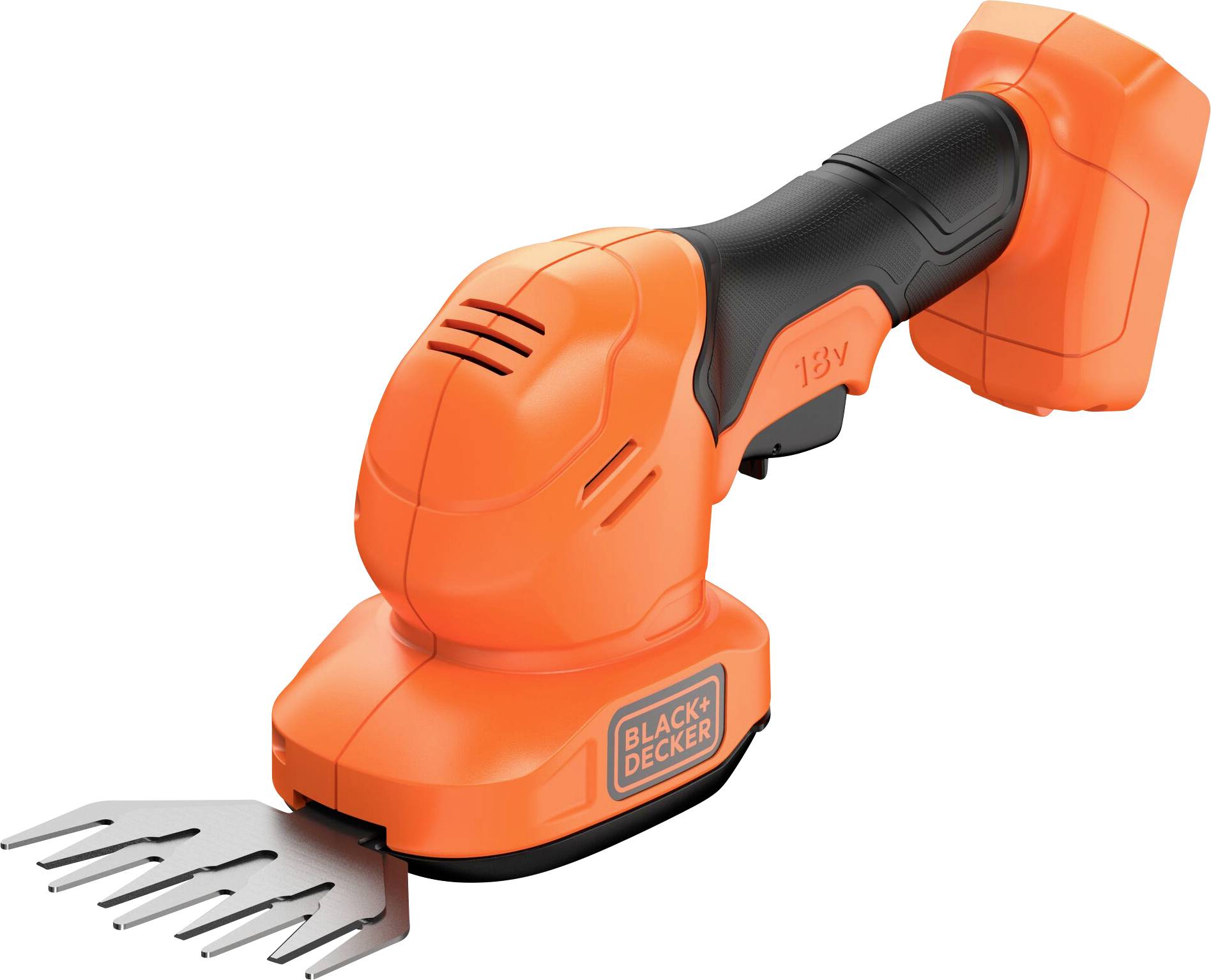 Orange and black handheld electric grass shears with a 13V battery for garden trimming, branded with 'Black & Decker'.