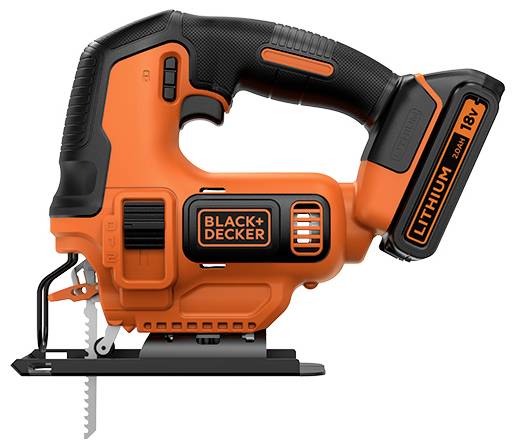 An orange and black cordless jigsaw with a Black+Decker logo, 20V lithium battery, and ergonomic handle. Ideal for cutting tasks.