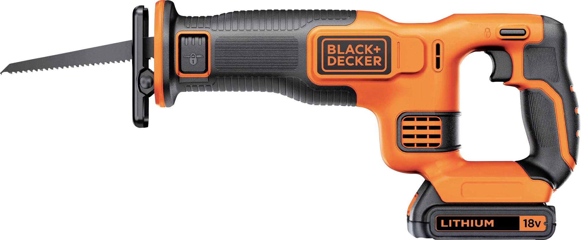 A cordless Black+Decker reciprocating saw with an orange and black body featuring an 18V lithium battery.