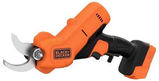 Orange and black electric pruning shears with a sharp curved blade, labeled 'Black+Decker'. Designed for effortless garden trimming.