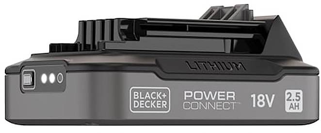 Black+Decker 18V 2.5Ah lithium battery with power indicators and PowerConnect feature, designed for cordless tools.