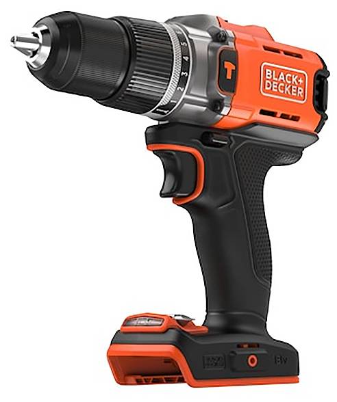 A cordless power drill with a black grip, orange accents, and 'Black+Decker' branding.