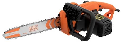 An orange and black chainsaw with a visible manufacturer logo on the blade.