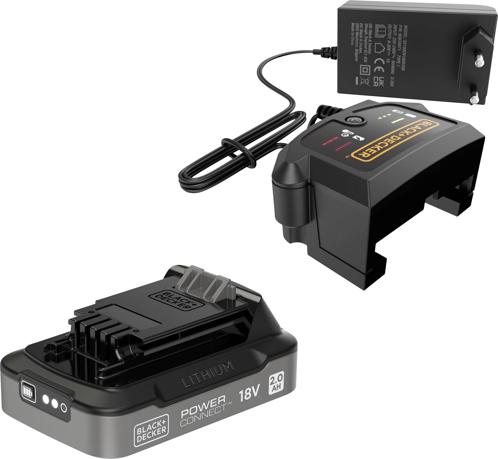 Black+Decker 18V 2.0Ah lithium battery and charger set, connected via cable, showcasing power tools’ battery system compatibility.