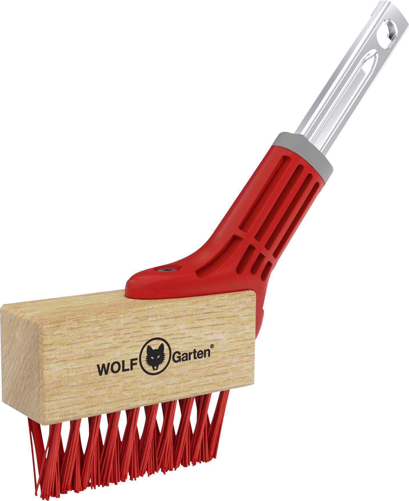 A red-handled brush from WOLF-Garten, featuring a dense bristle block attached to a sturdy grip handle, used for cleaning tasks.