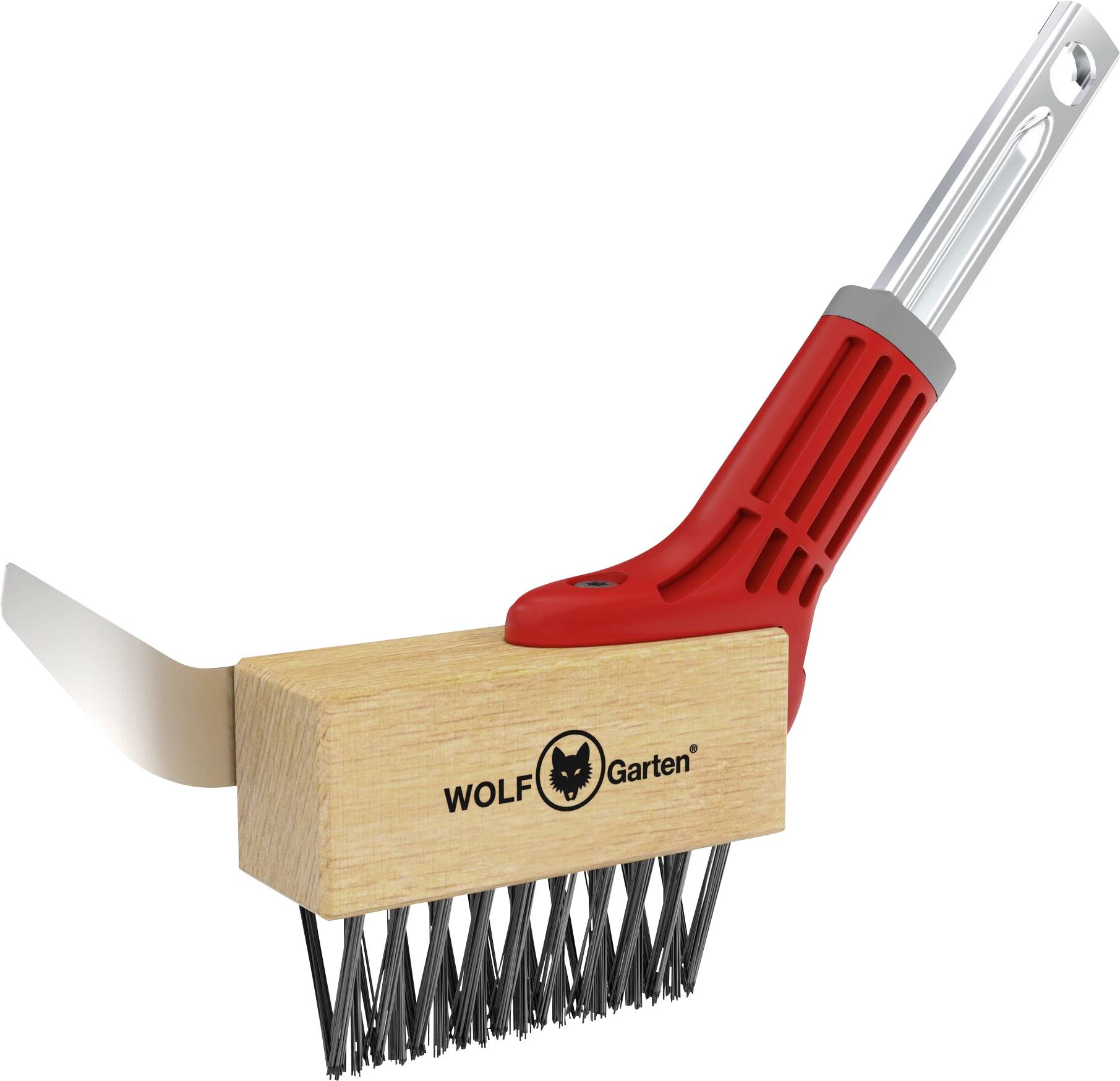 A gardening tool with a red, ergonomic handle and wooden base labeled 'WOLF-Garten,' featuring metal bristles and a sharp side blade for weeding.