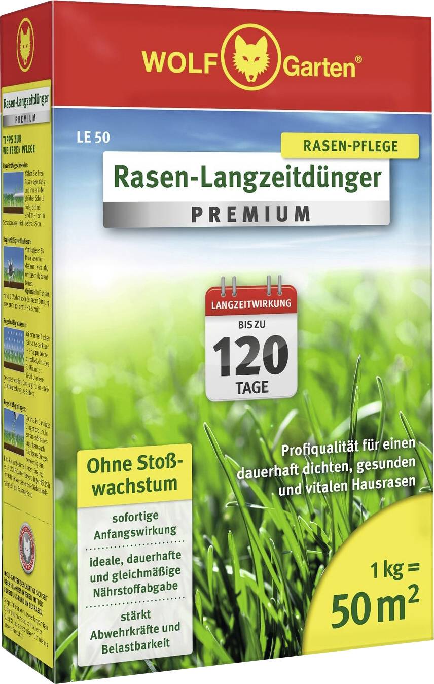'Wolf Garten Rasen-Langzeitdünger Premium' packaging for lawn care, labeled for 120 days of effect, 50m² coverage, featuring grass image.