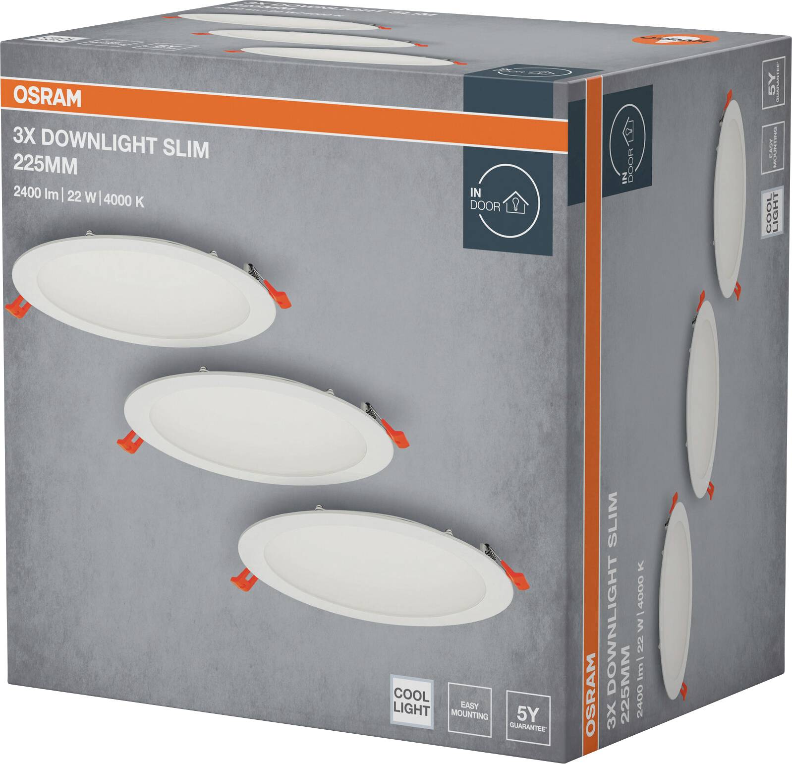 Box of Osram 3X Downlight Slim, 225mm, cool white, 2400lm, 22W, 4000K, for indoor use, with images of round light panels and branding.