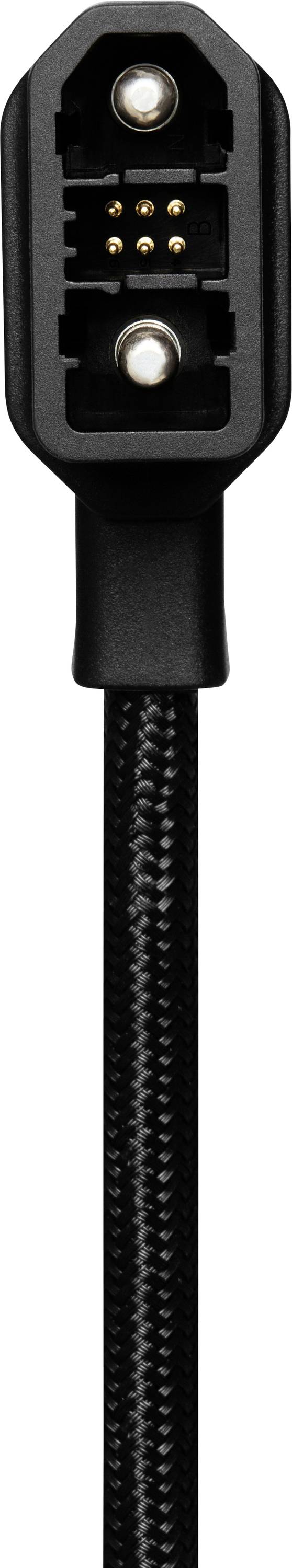 A black electronic plug with visible metal prongs and contact points on a braided cable.