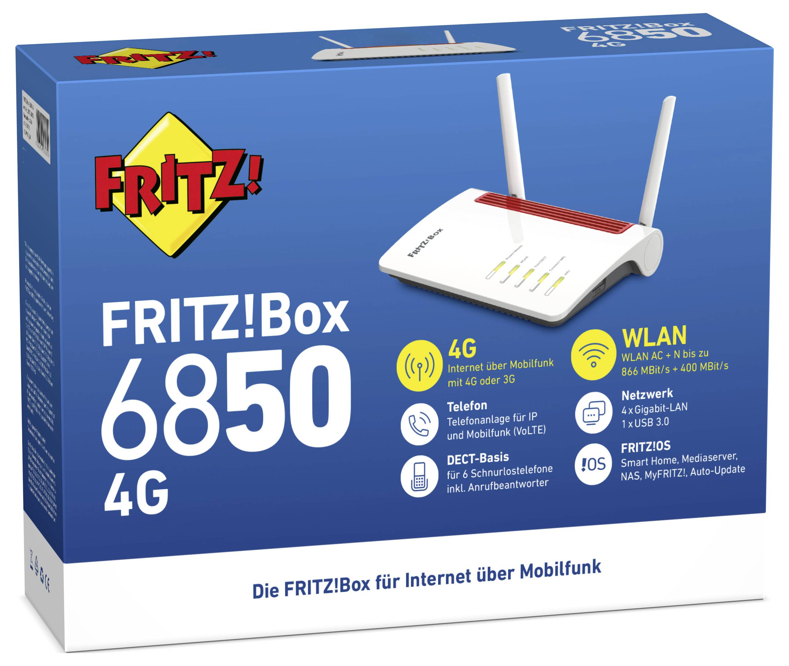 'FRITZ!Box 6850 4G' wireless router packaging features product image, key specs including 4G connectivity, Wi-Fi, and network options.