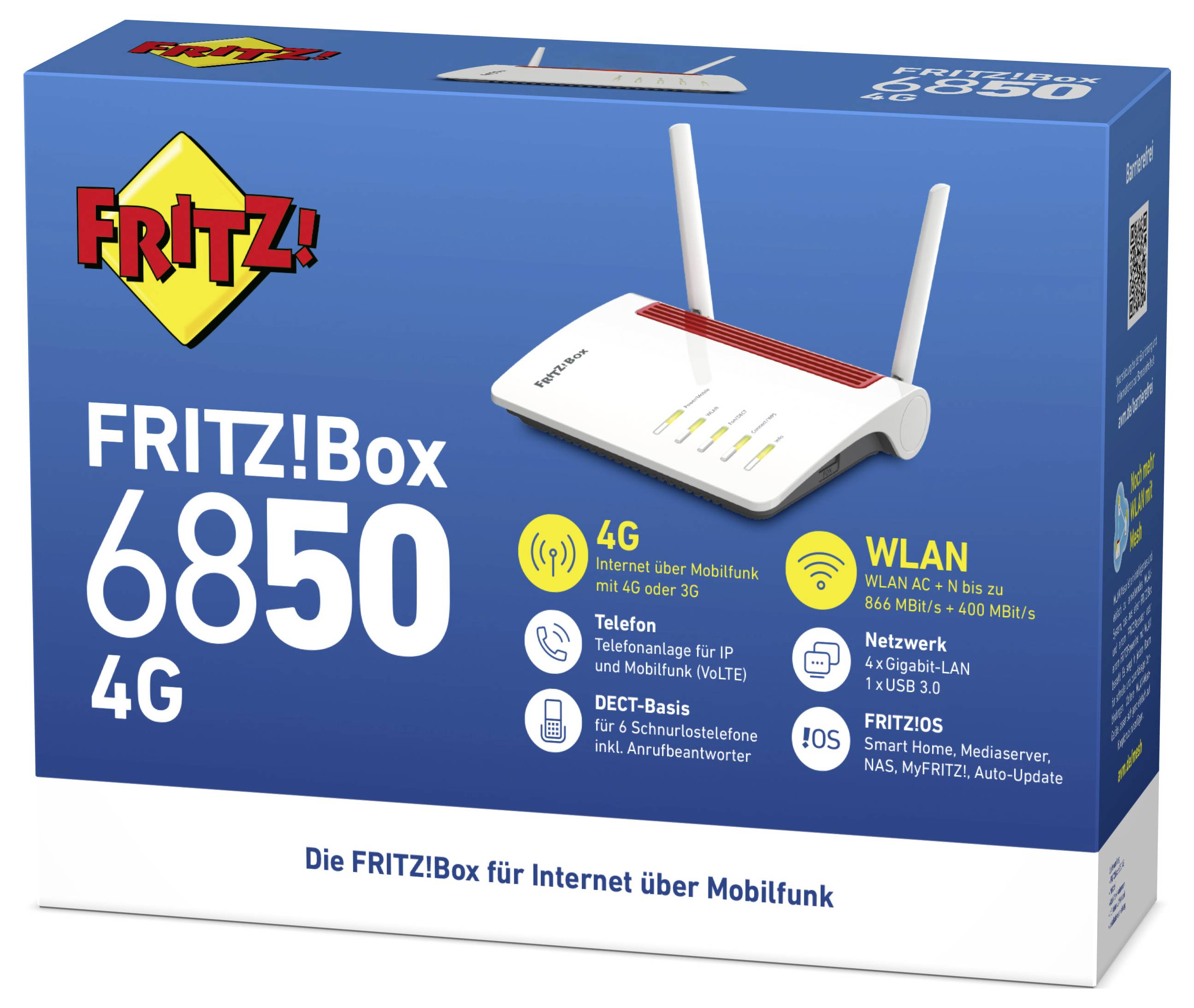 Packaging for 'FRITZ!Box 6850 4G', a router with features like 4G internet, WLAN AC + N, telephony, DECT base, and Smart Home functionalities.