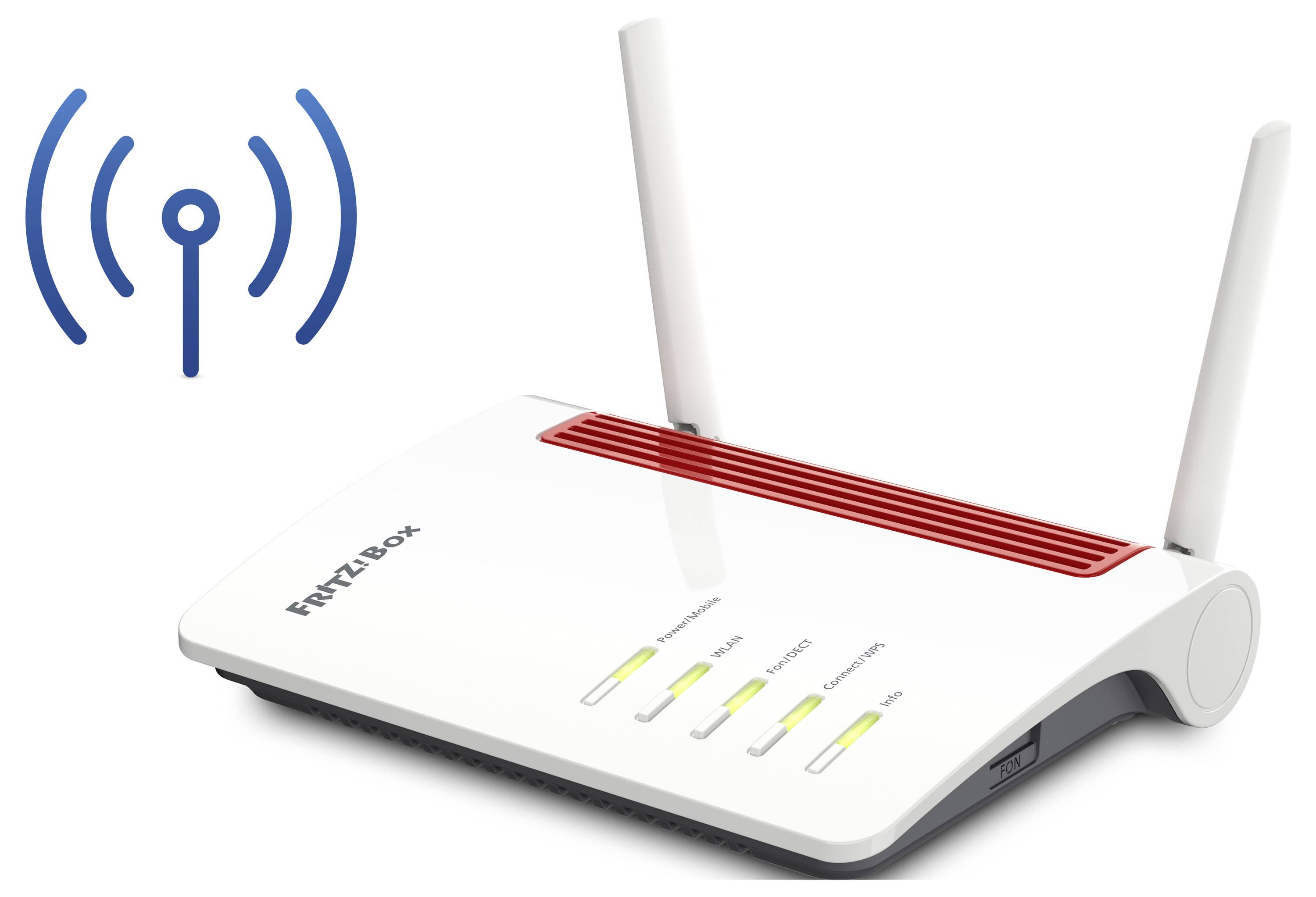 A FritzBox router with two antennas and indicator lights is shown next to a blue Wi-Fi signal symbol.