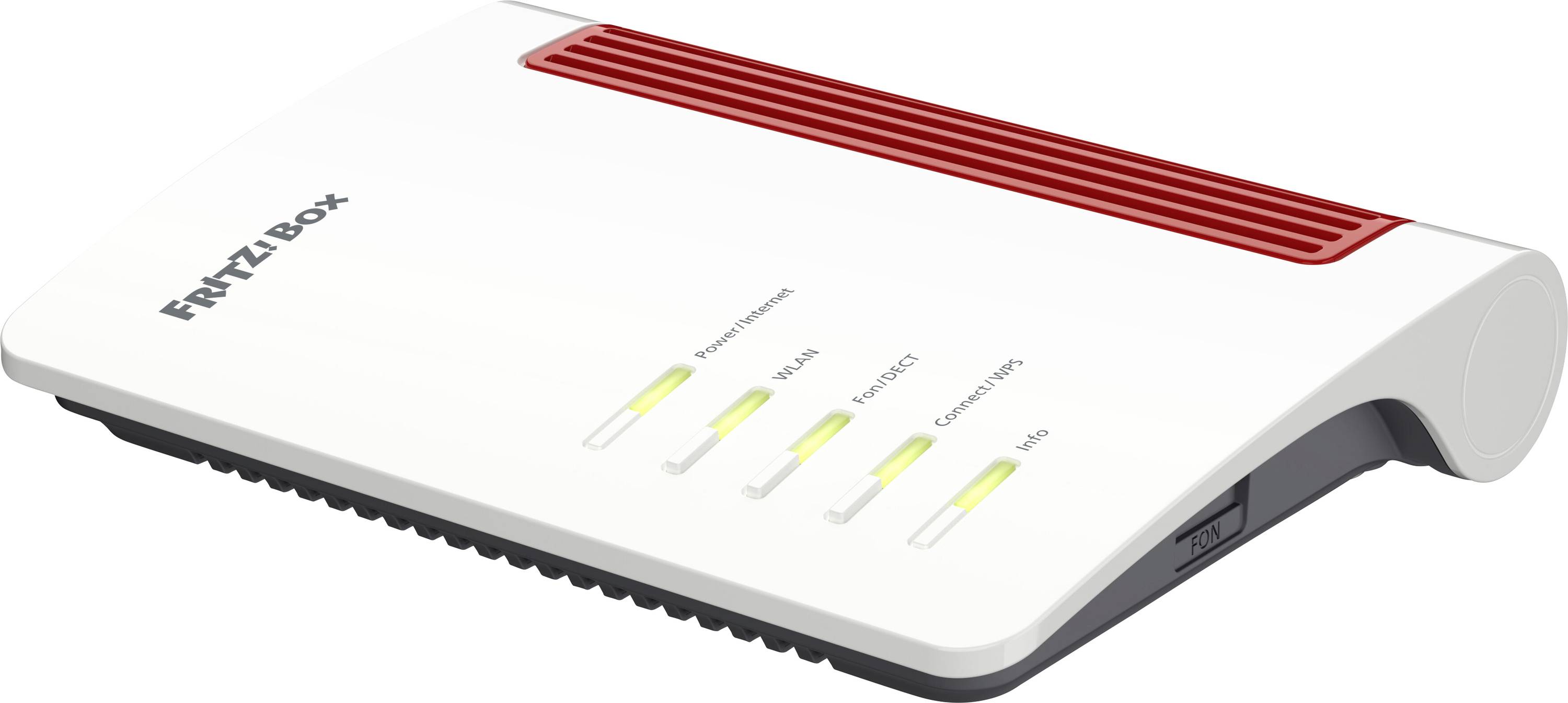 A white and red wireless internet router with four indicator lights labeled 'Power/DSL', 'FON', 'Wireless', and 'Info'.