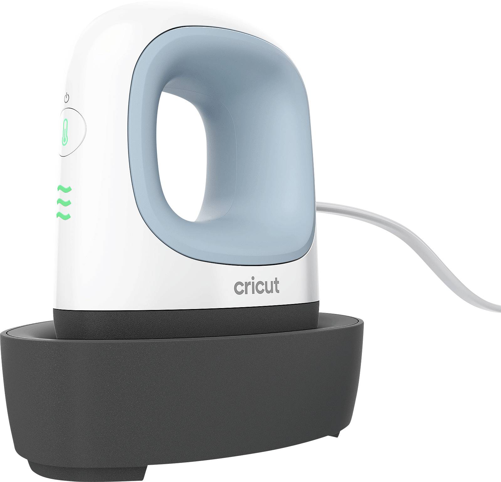A small, handheld heat press machine in a black base, with a white and blue design, the Cricut brand logo visible on the front.