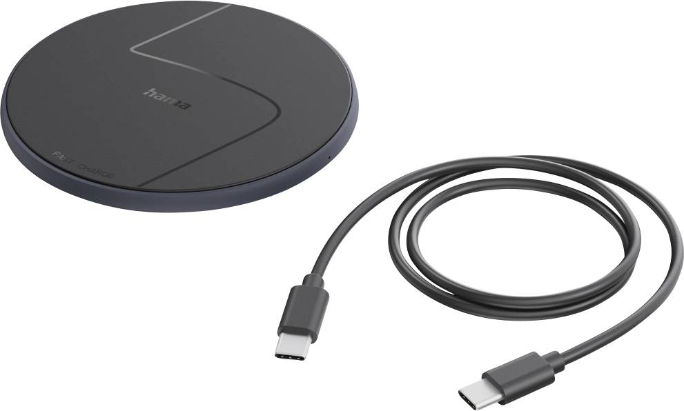 A black, circular wireless charging pad shown alongside a coiled USB-C to USB-C cable.