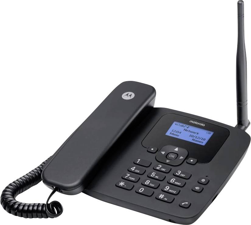 A cordless landline phone with a coiled cord handset, digital screen displaying date and time, numeric keypad, and a tall antenna.