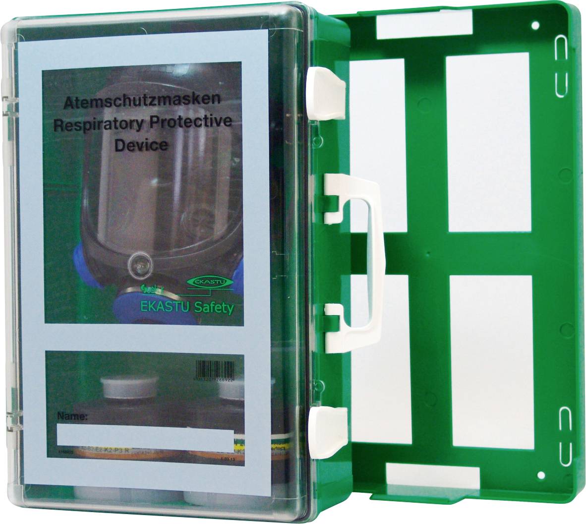 Green plastic case labeled 'Respiratory Protective Device' containing a protective mask and related safety equipment.