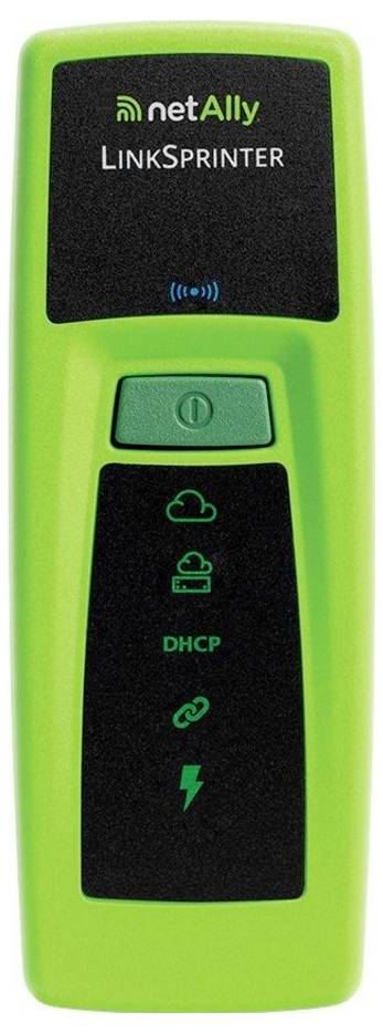 A green handheld network tester labeled 'netAlly LinkSprinter' with LED indicators for power, cloud connection, DHCP, and network link.