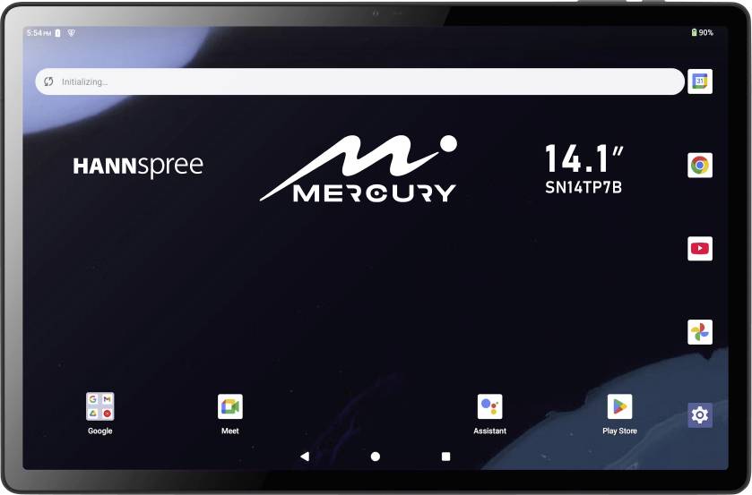 Tablet home screen displaying 'Initializing...', brand 'Hannspree', model 'Mercury', screen size '14.1