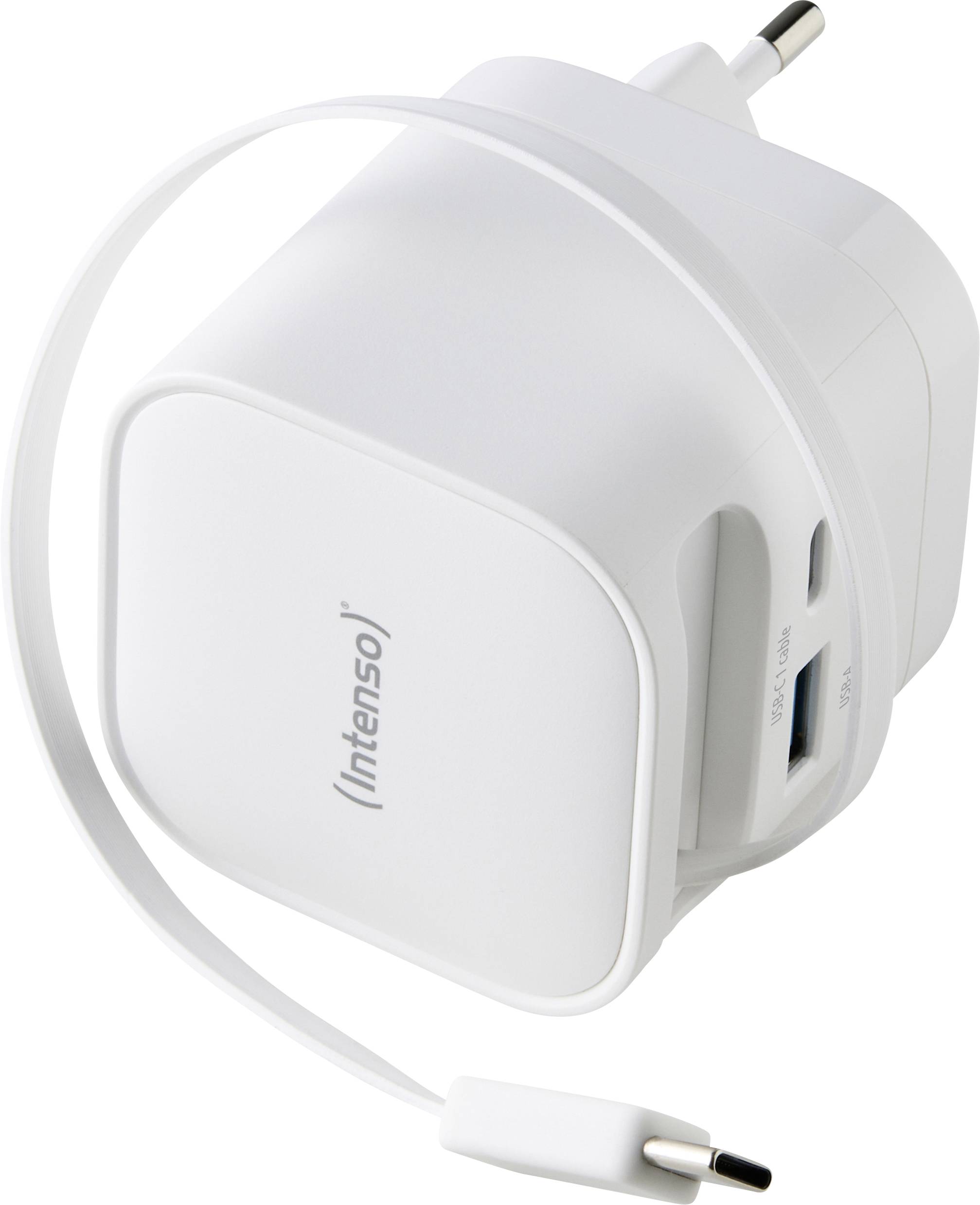 A white Intenso brand USB wall charger with a European plug and attached USB-C cable, designed for charging electronic devices.