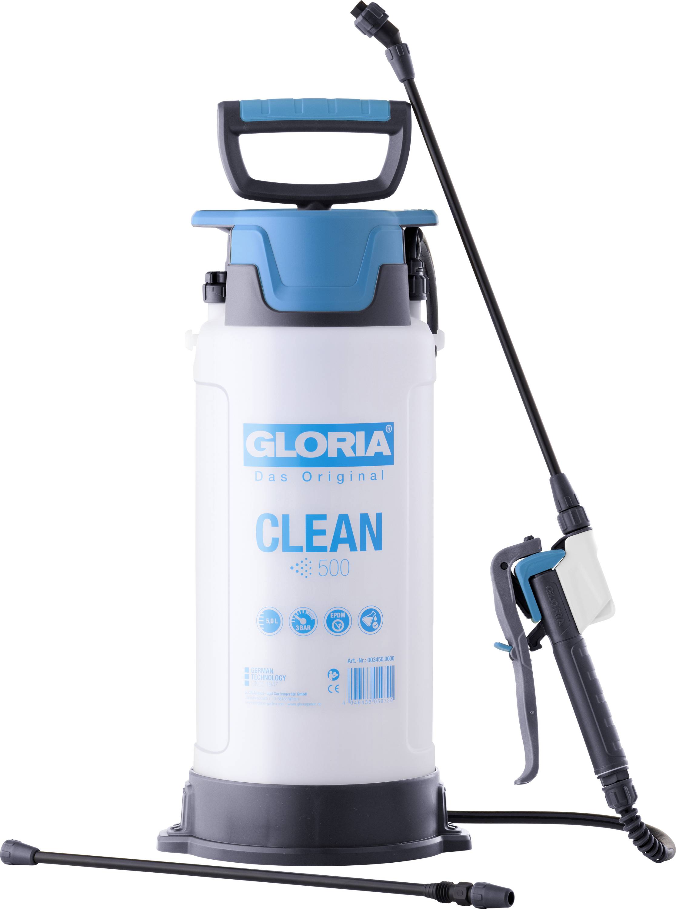 A white and blue pump sprayer labeled 'Gloria Clean 500' with a hose and nozzle for cleaning or gardening tasks.