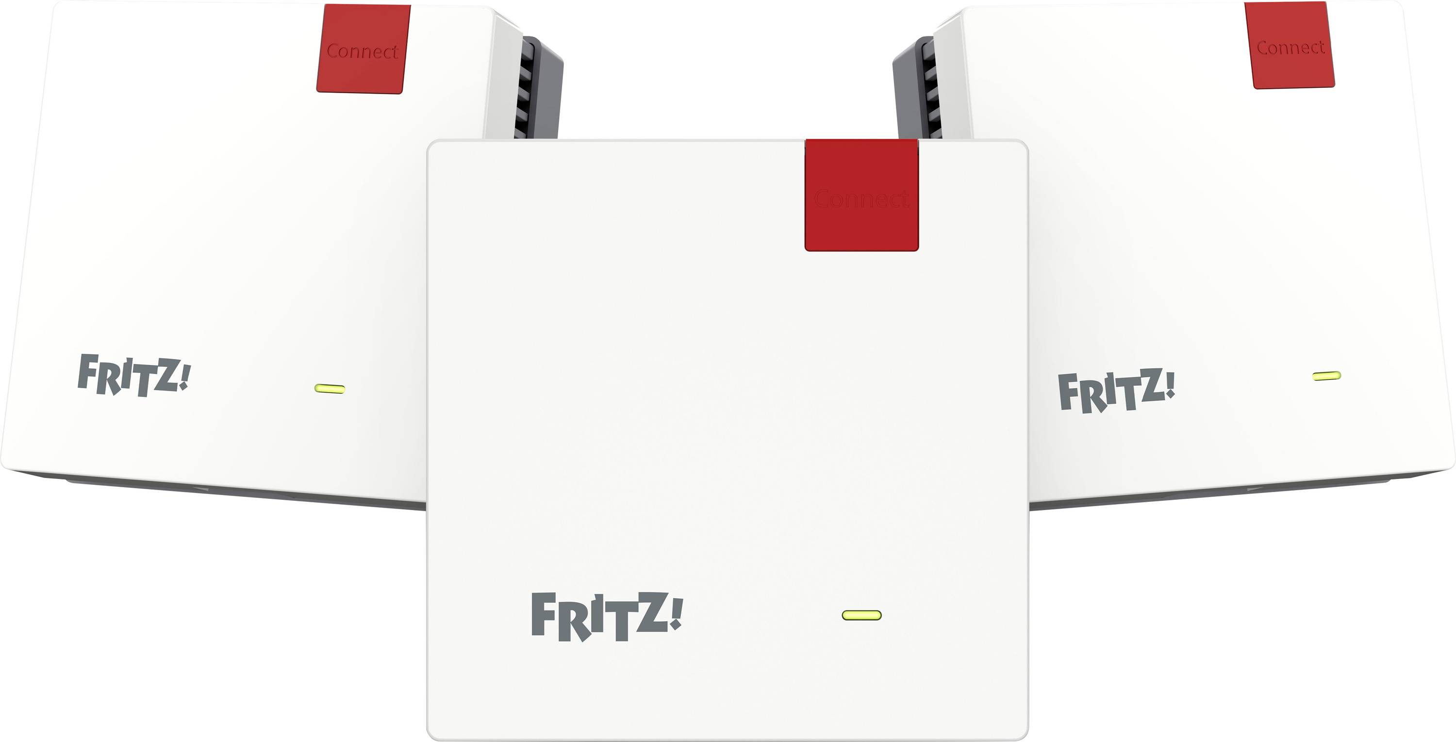 Three white routers with 'FRITZ!' logo and red highlights are positioned in a row, suggesting a network setup or connectivity theme.