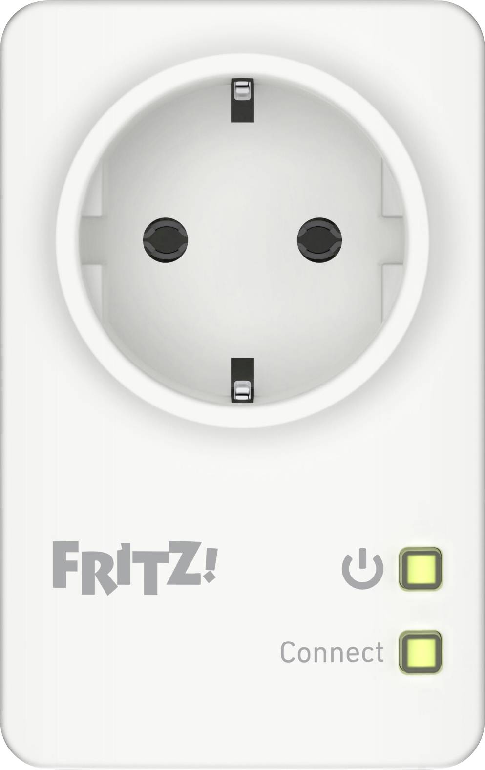 A smart plug with the brand 'FRITZ!' featuring power and connect buttons.