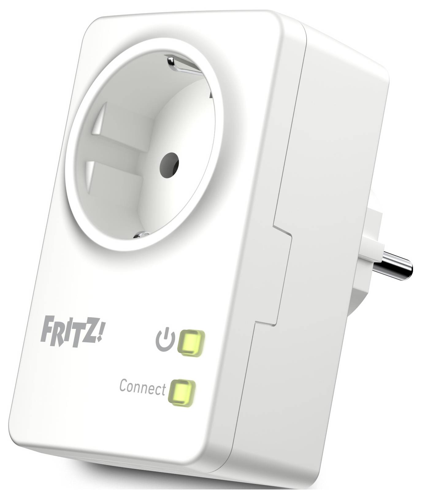 A white smart plug with a European socket design, featuring a power button and two LED indicators labeled 'Connect' and 'Power'.