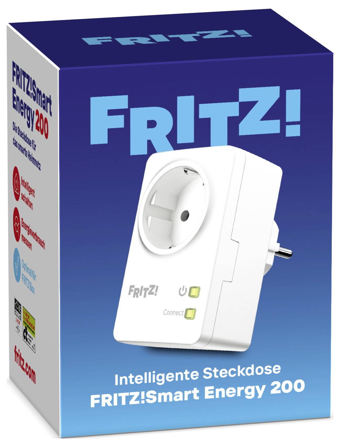 'FRITZ!Smart Energy 200' smart plug packaging, showing the plug design with LED indicators. Features listed include connectivity.