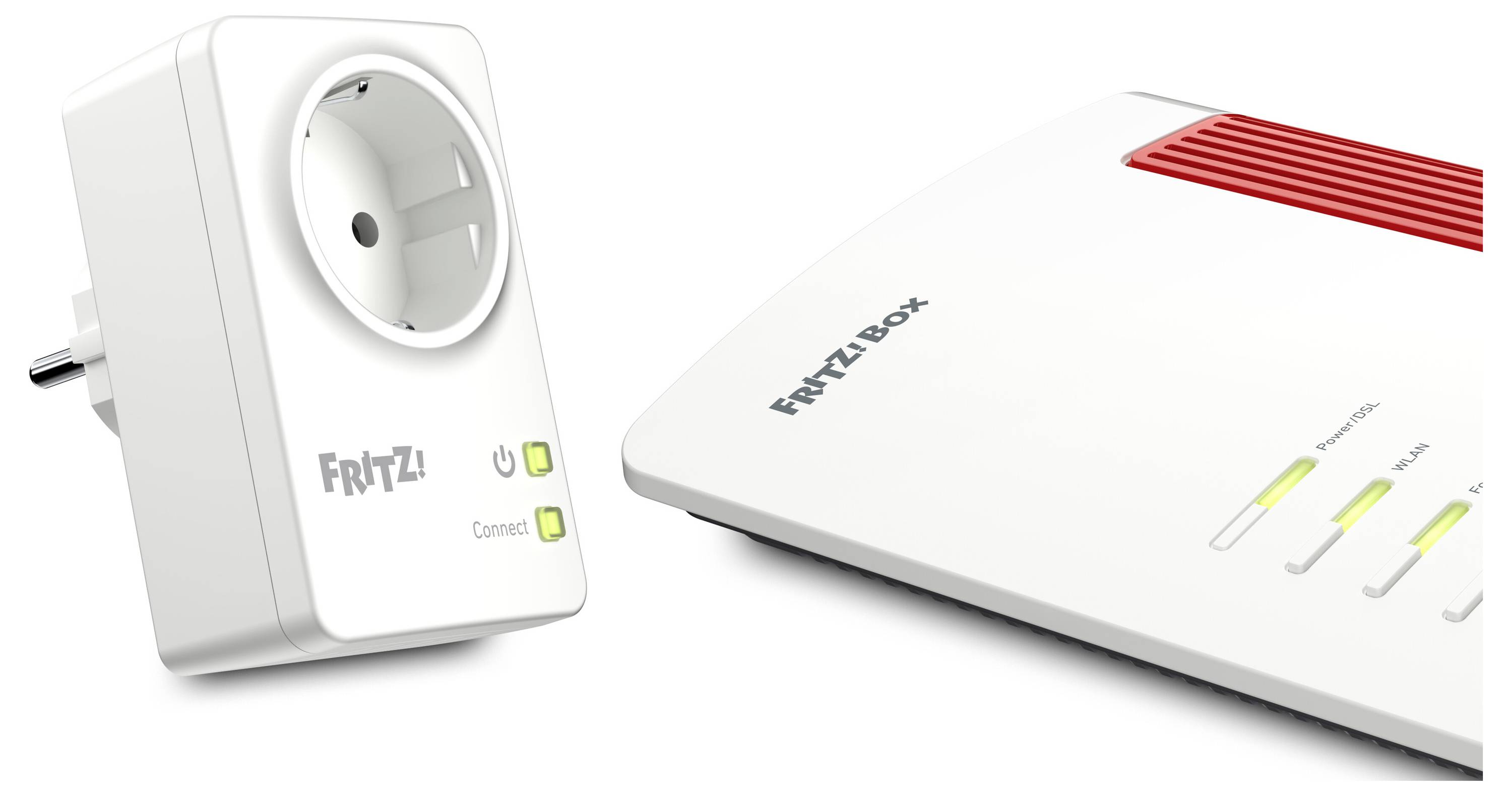 'FRITZ!Z Box' device with a power plug on the left and router on the right, featuring indicator lights and ventilation panel.