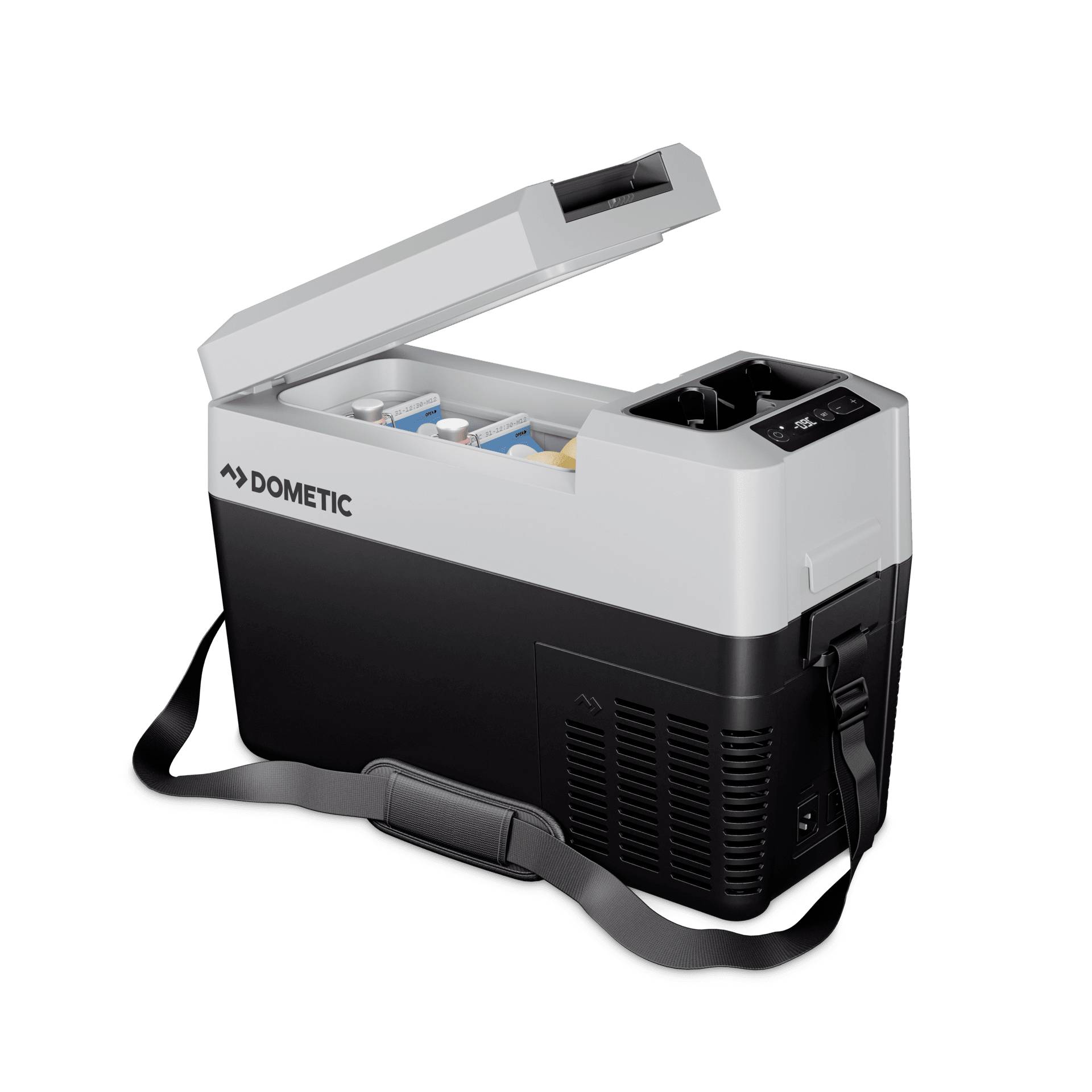 Portable Dometic electric cooler with lid open, showing stored drinks and food; black shoulder strap and control panel visible.