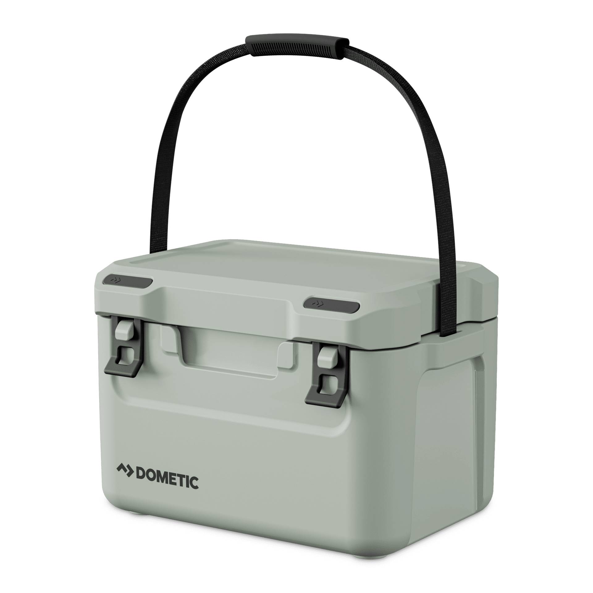 Gray Dometic cooler with a black carry handle and latches, shown on a plain background.