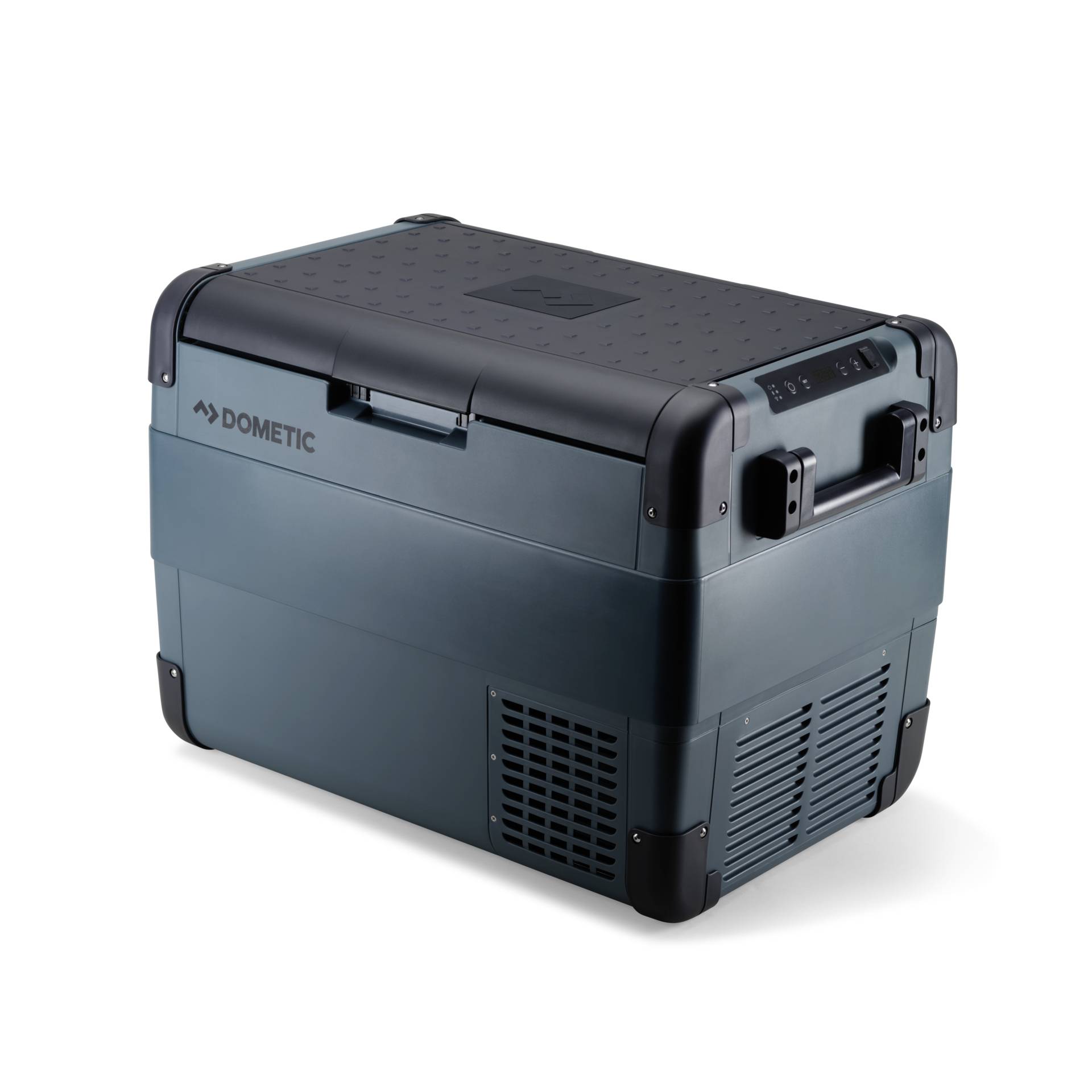 Blue Dometic portable electric cooler with a black lid and side handles, shown on a white background.