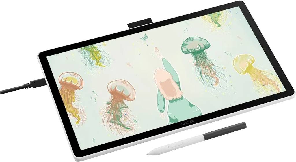 A person uses a stylus on a digital tablet displaying an artistic image of jellyfish and a figure reaching upwards, showcasing creativity and digital art capabilities.