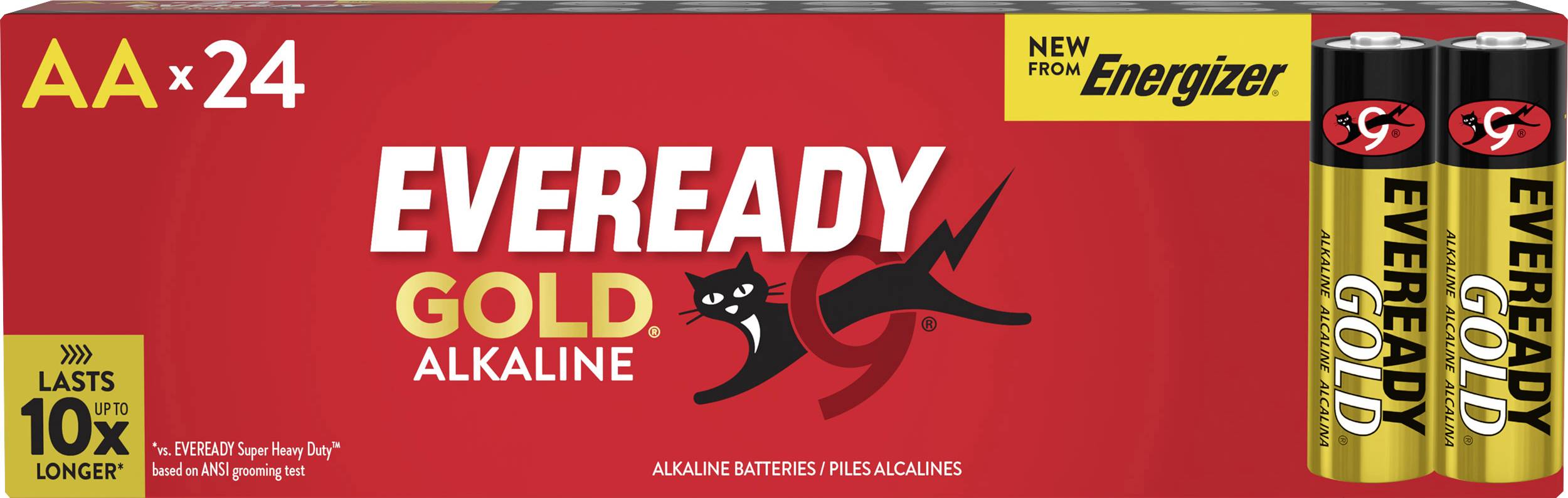 'Eveready Gold.' AA batteries pack of 24 by Energizer, yellow and black with a cat logo. Text: 'Lasts 10x longer'.