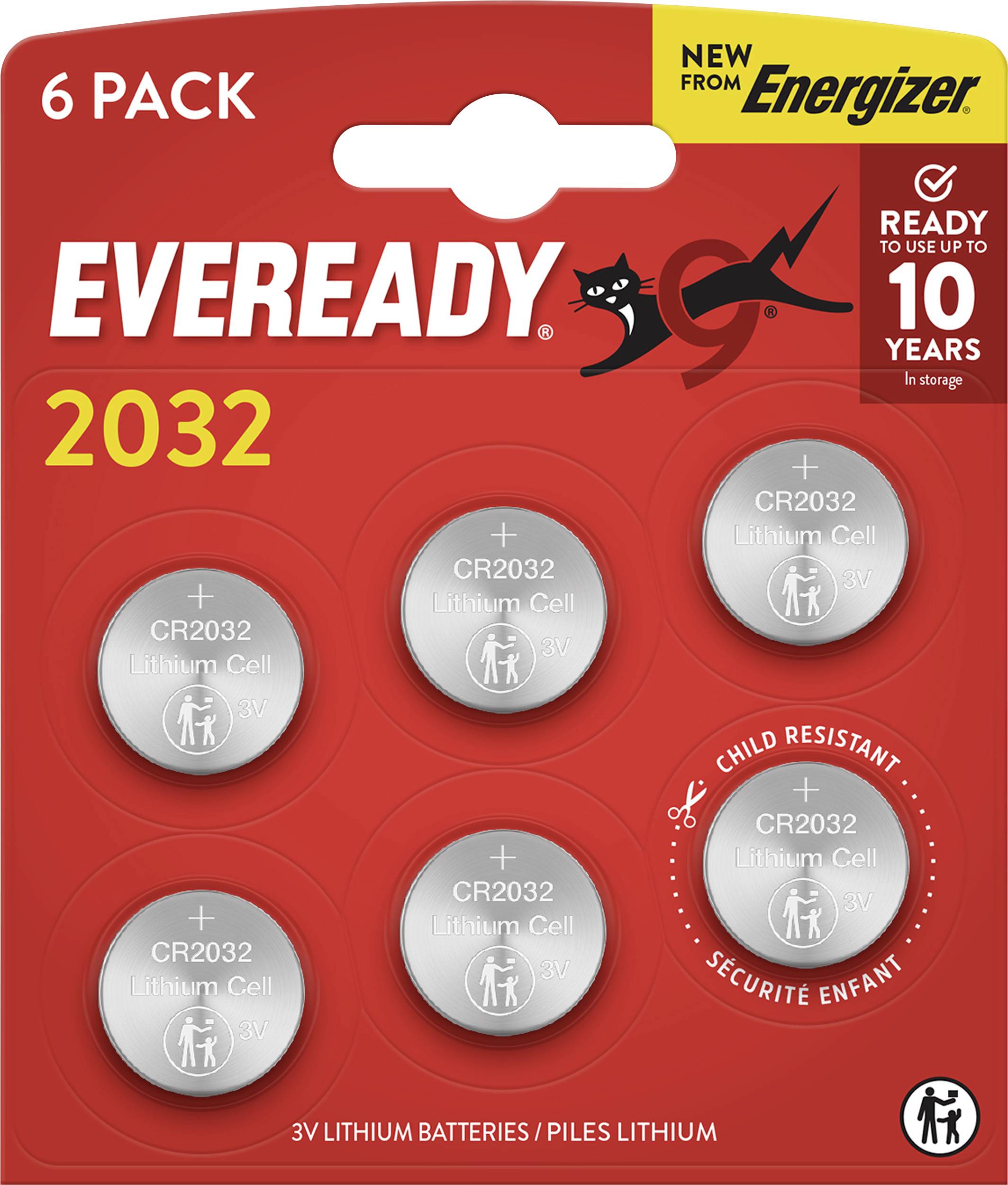 Eveready 2032 CR2032 lithium cell batteries, 6-pack, child resistant, 10-year shelf life, by Energizer.