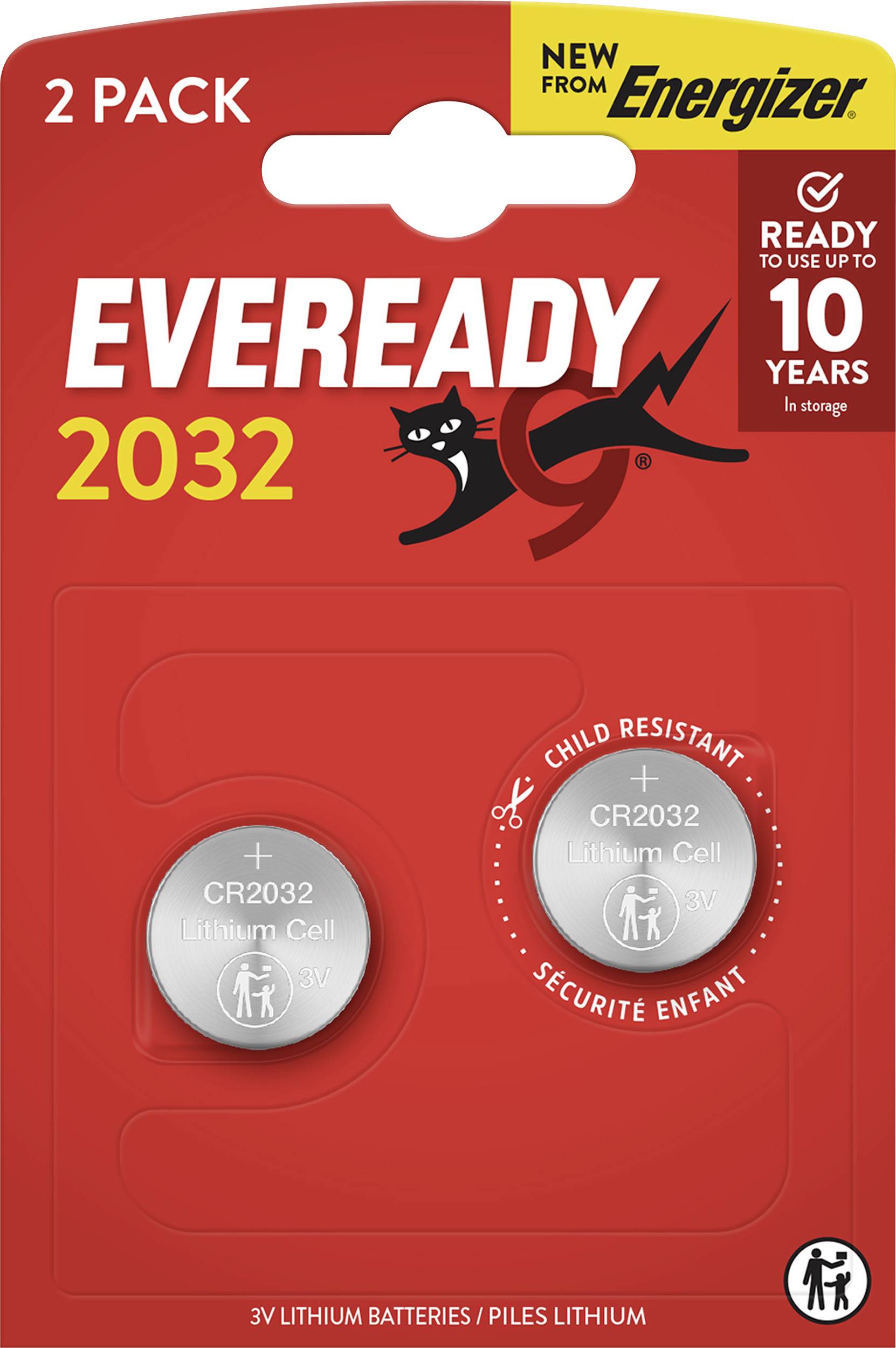 Eveready 2032, 2-pack lithium batteries, child-resistant, ready to use up to 10 years, new from Energizer.