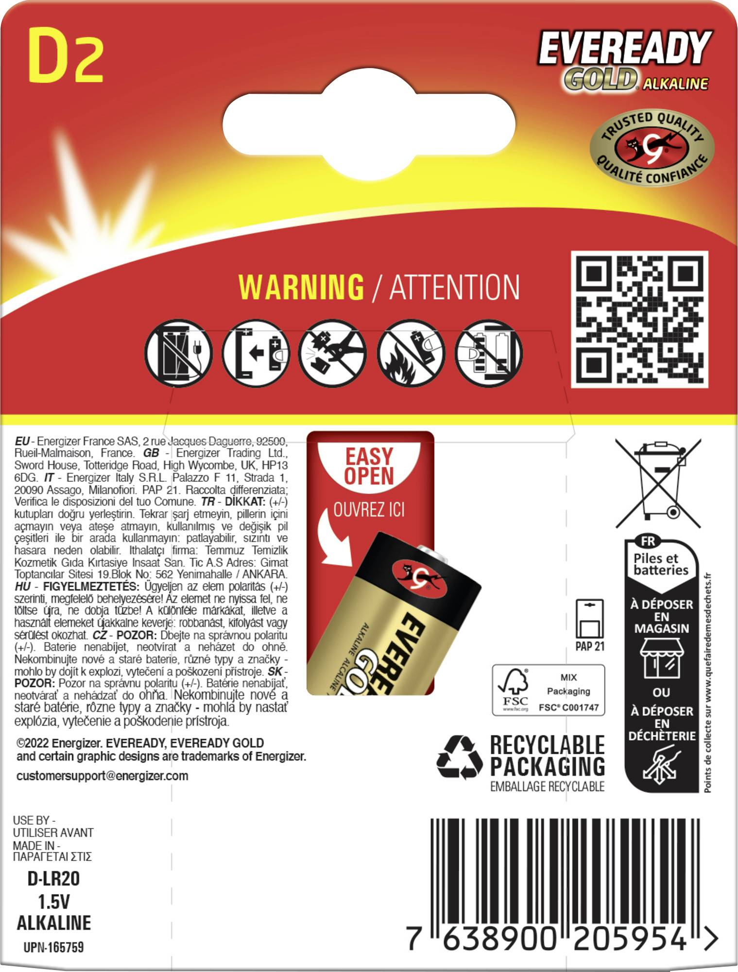 Eveready Gold Alkaline D2 battery pack. Features easy open tab, warning symbols, recycling info, and contact details. 1.5V power.