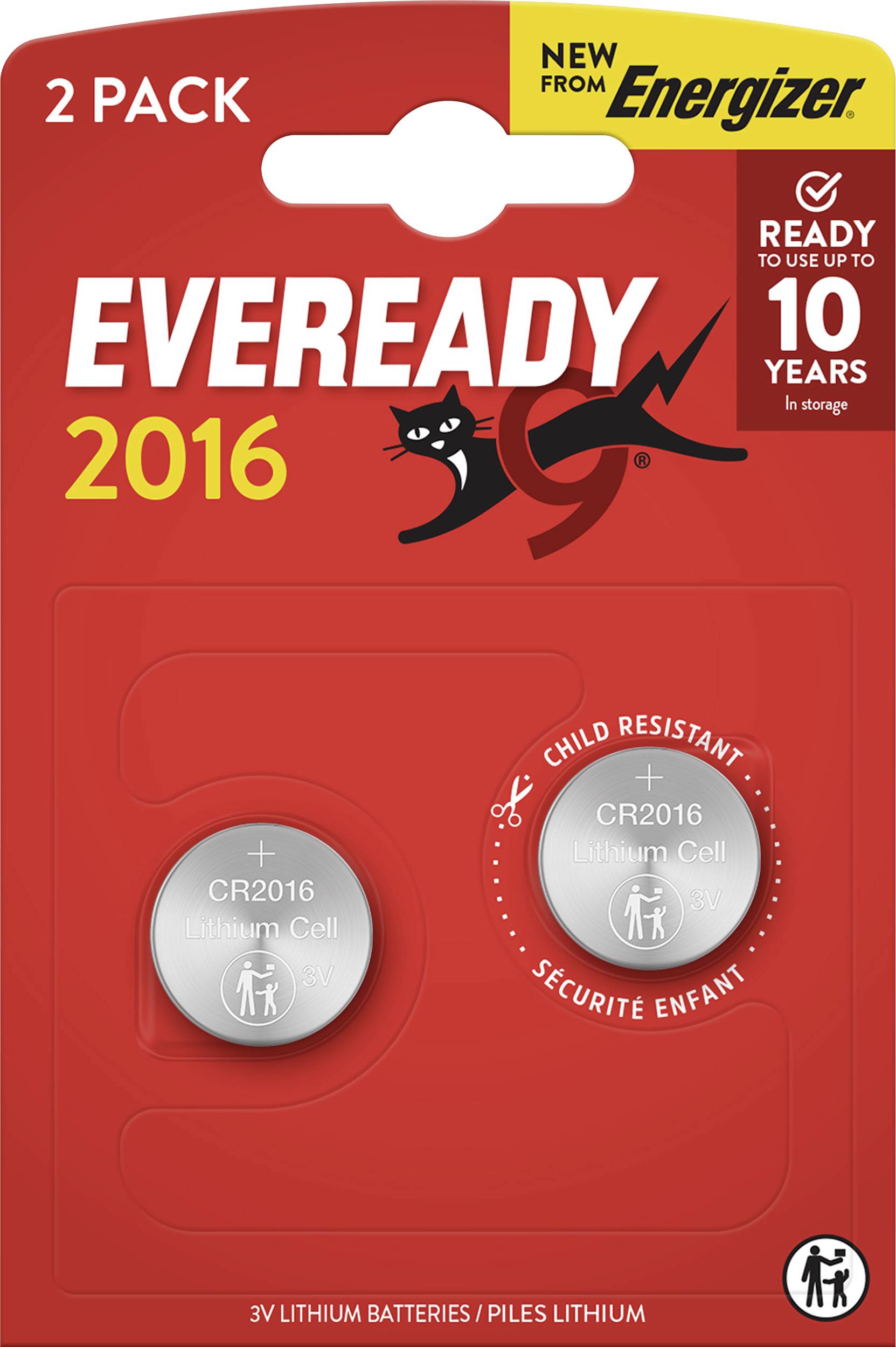 2 Pack Eveready CR2016 Lithium Coin Batteries with child-resistant packaging and 10-year storage promise. Brand: Energizer.