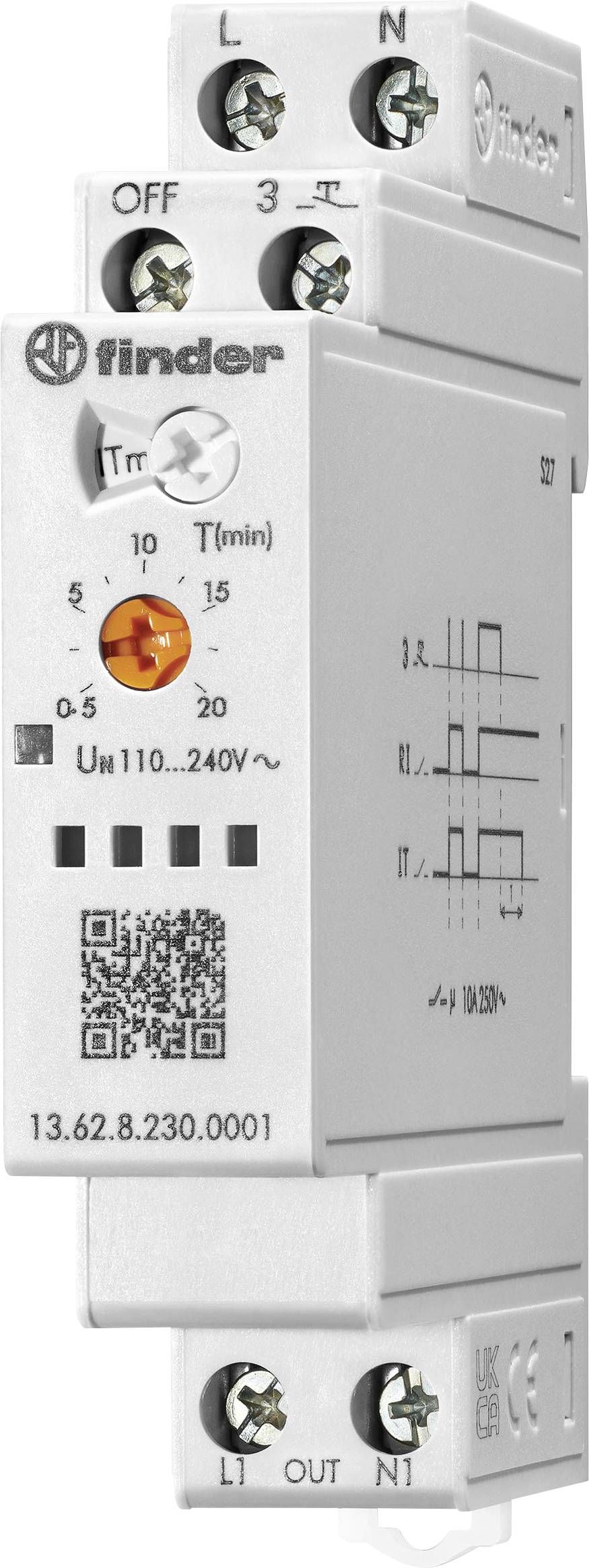 A white electronic timer relay with labeled dials and connection points, showing a wiring diagram on the side.