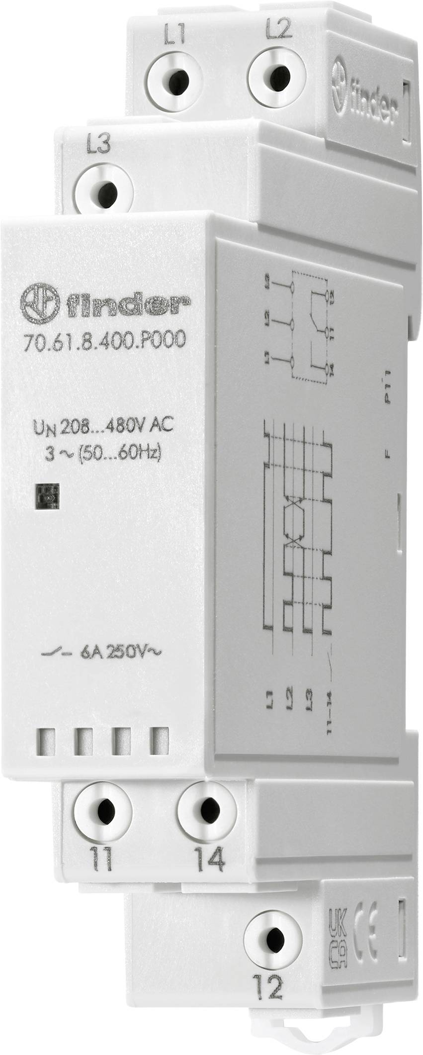 'Finder 70.61.8.400.P000' relay, white with black text, rated '208-480V AC', 3-phase, '6A 250V', shown in a rotated angle view with terminals visible.